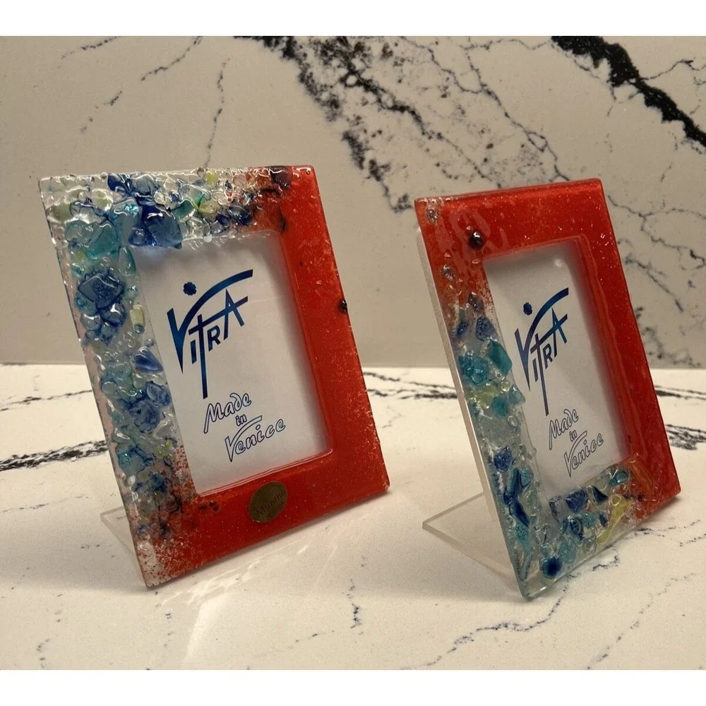 Vitra Murano Glass Picture Frames Set of 2 Red Blue Made in Venice Italy 2.5x3.5